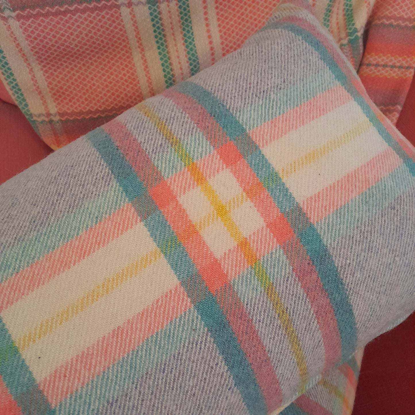 Pair of Welsh Wool Cushions Made From A Vintage Blanket in Grey Peach Cream & Green Check 28" x 14"