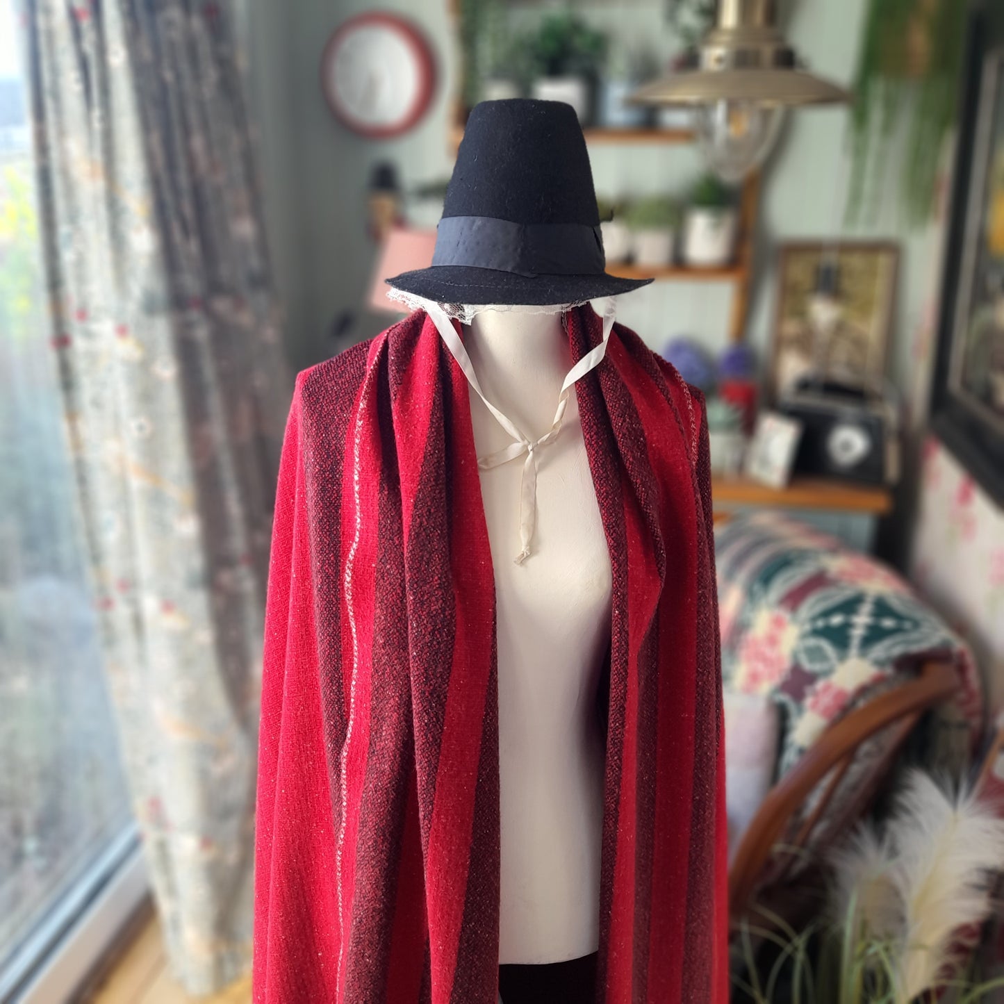 Welsh Blanket/Shawl in Scarlet Red With Traditional Black Stripe To One Side