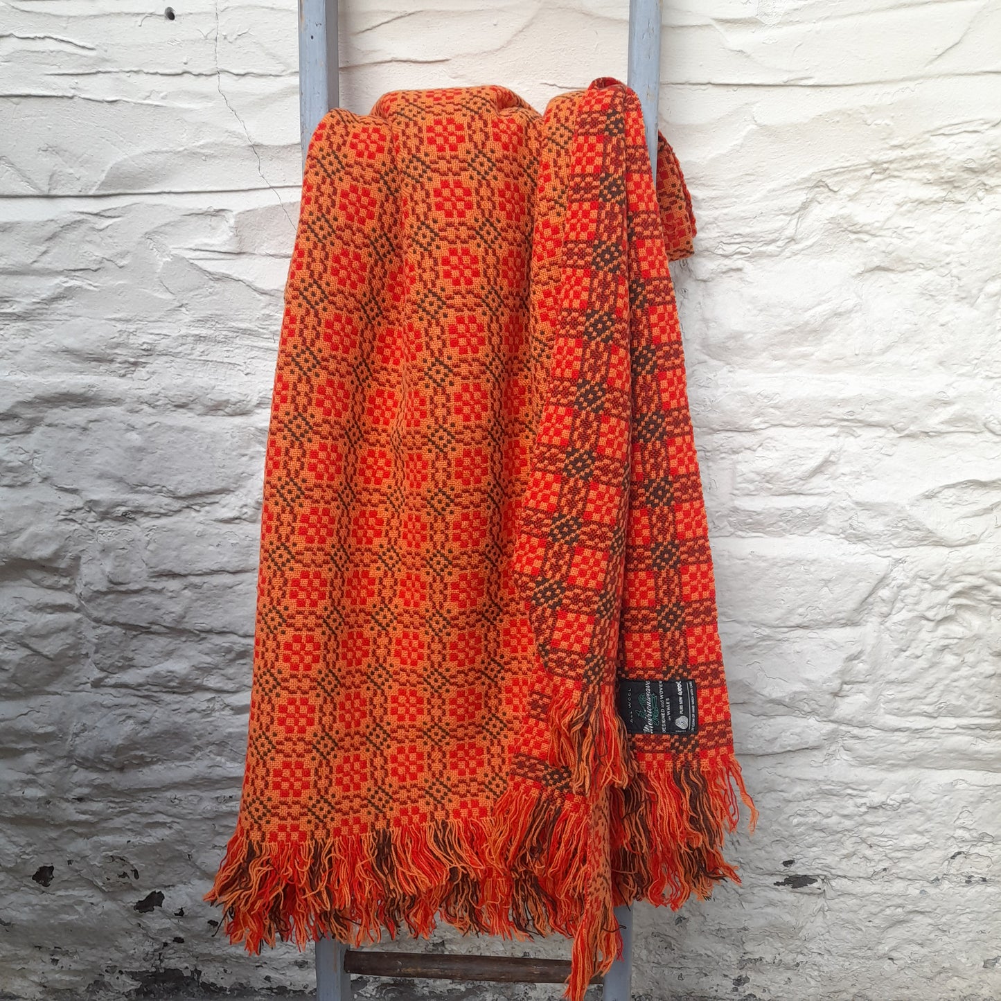 Vintage Welsh Tapestry Blanket in Bright Orange Brown & Gold by Meirion Mill