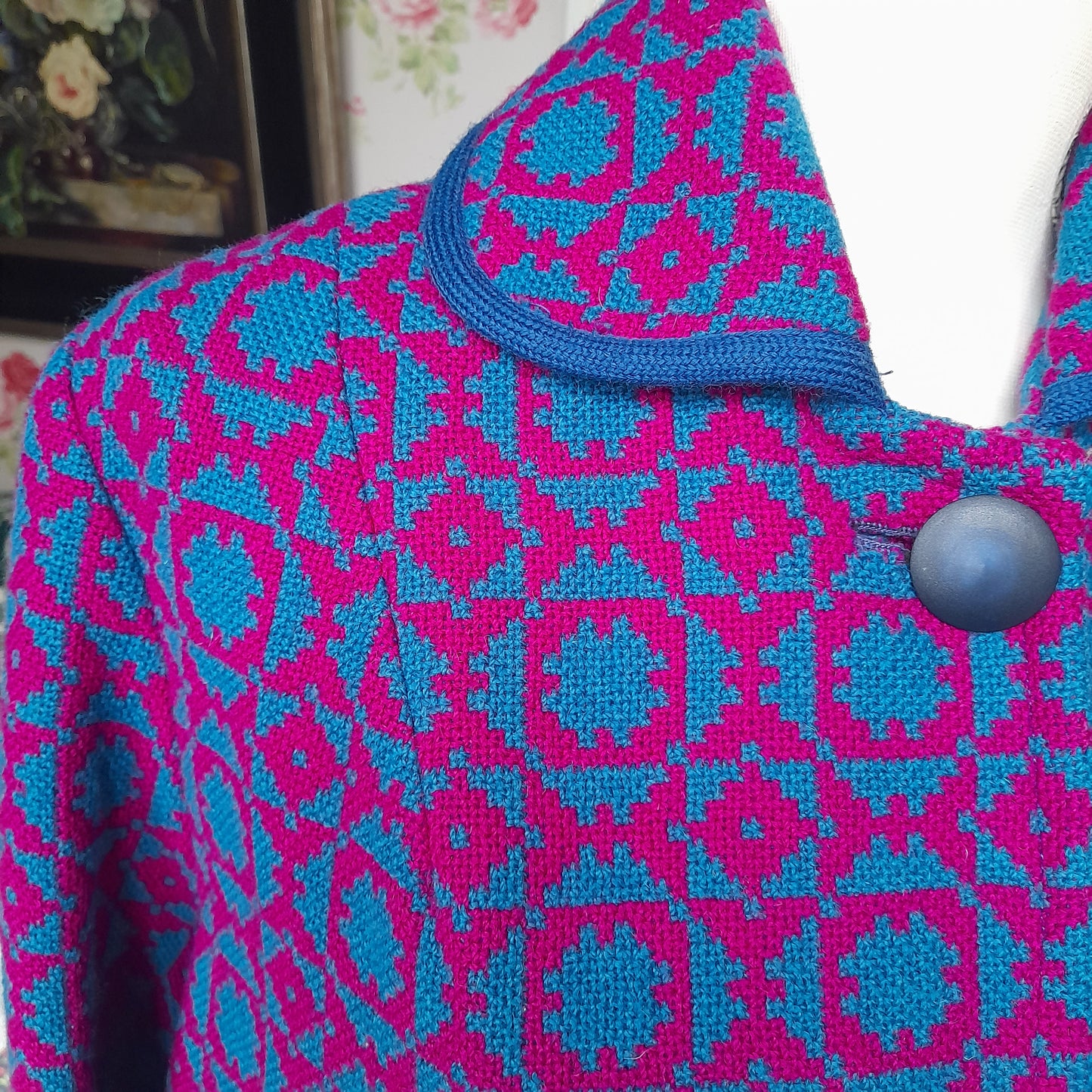 Vintage Welsh Tapestry Long Coat in Bright Pink & Turquoise