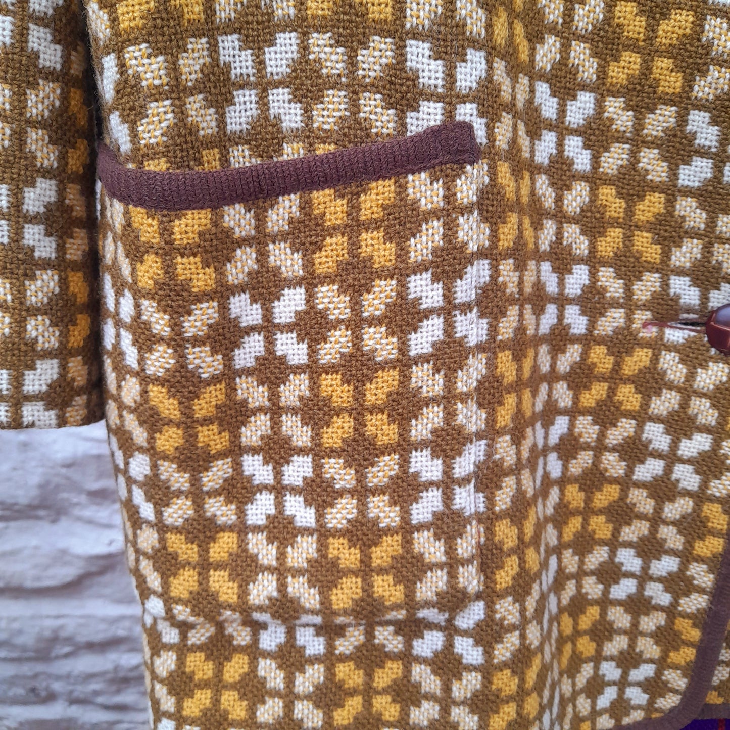 Vintage Welsh Tapestry Pea Coat in Mustard, Cream & Brown Size 16/18