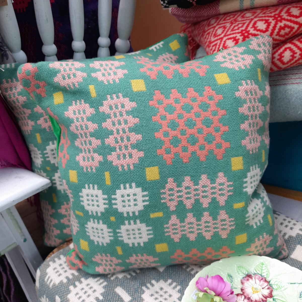 PAIR Of Handmade Welsh Blanket Cushions in Bright Green, Coral Pink & White With A Pop of Yellow 18"