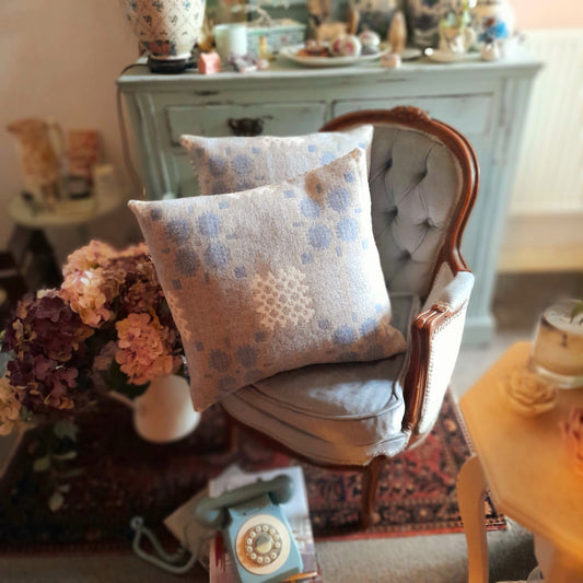 Pair of Welsh Tapestry Blanket Cushions in Pale Blue Grey & White Limited Edition 20"