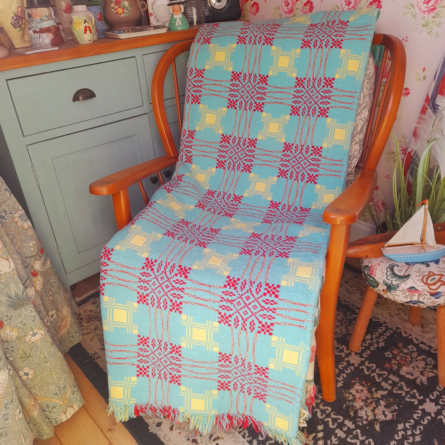 RARE Vintage Welsh Tapestry Blanket in Aqua, Raspberry Red & Daffodil Yellow by Gernos Mill