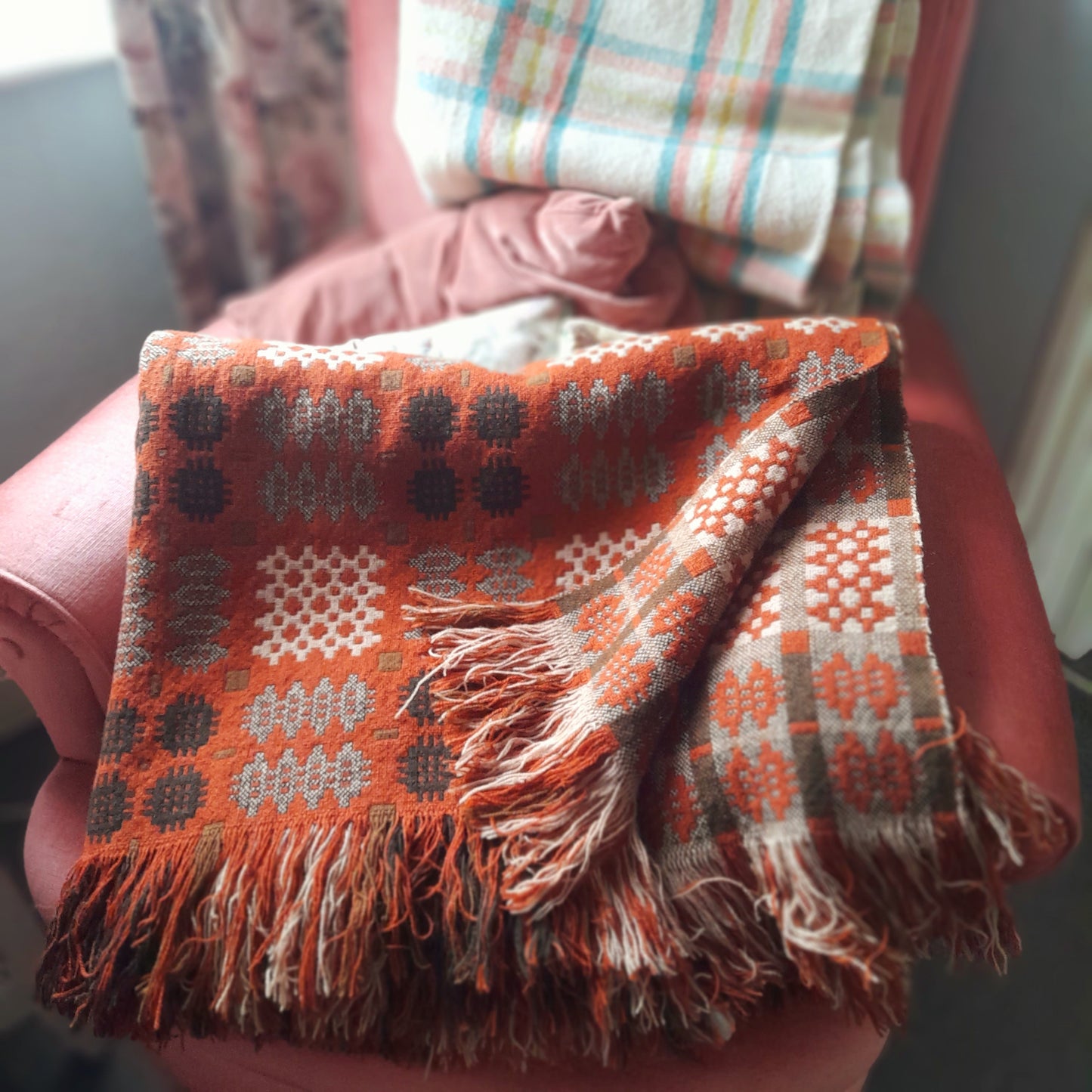 Vintage Welsh Tapestry Blanket in Brick Red Brown & Cream