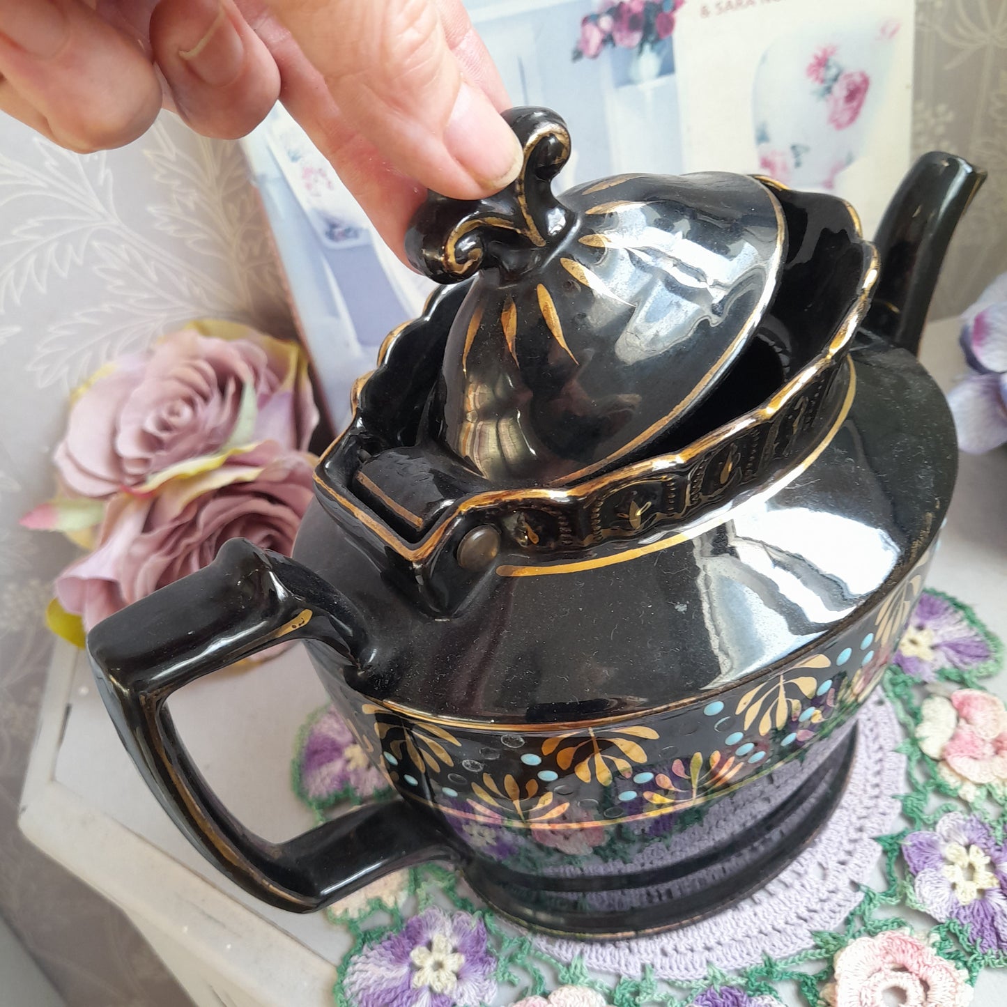 Antique Victorian Jackfield Black Handpainted Jet Ware Teapot With Hinged Lid Unused