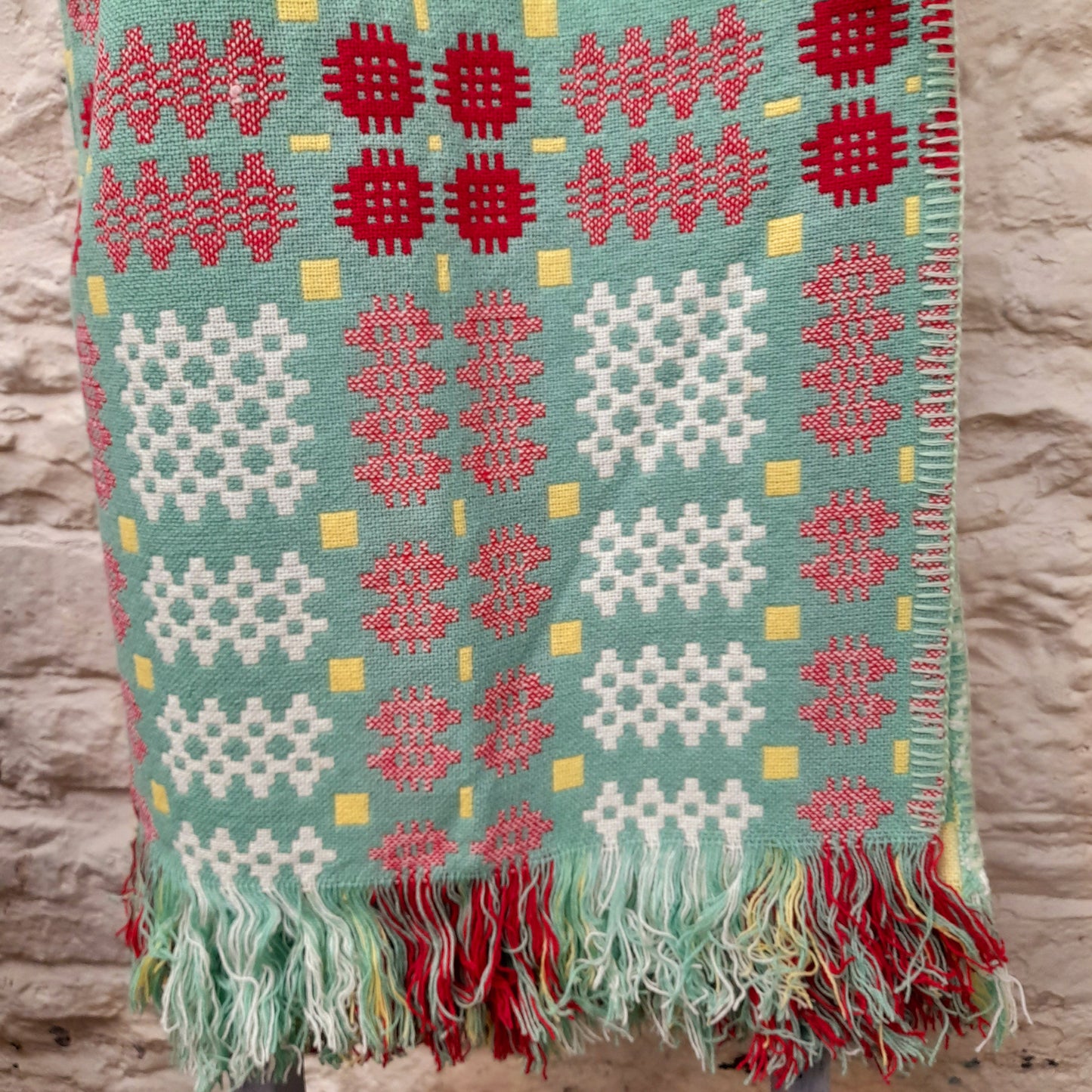Vintage Welsh Tapestry Blanket in Green, Raspberry Red, Lemon Yellow & White King Size