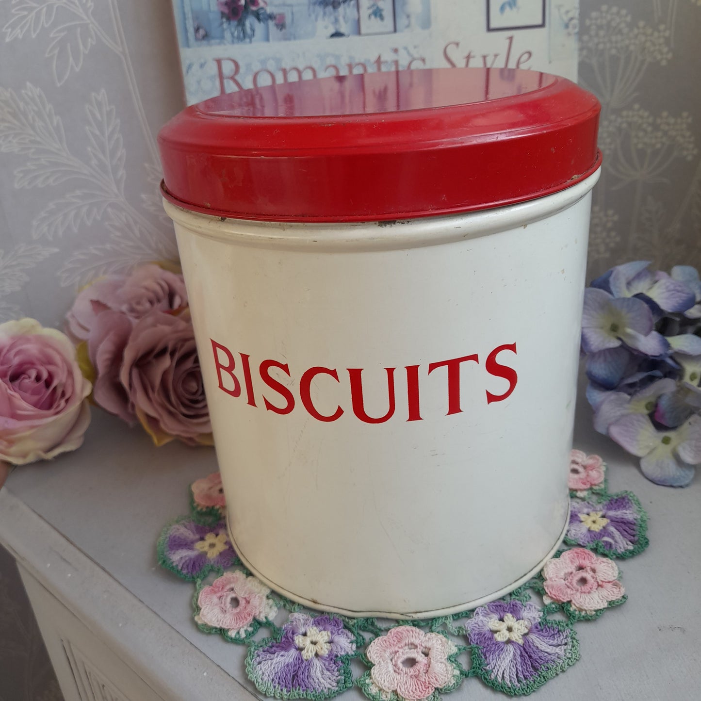 Vintage Tala Biscuit Tin in Red & Cream Enamel