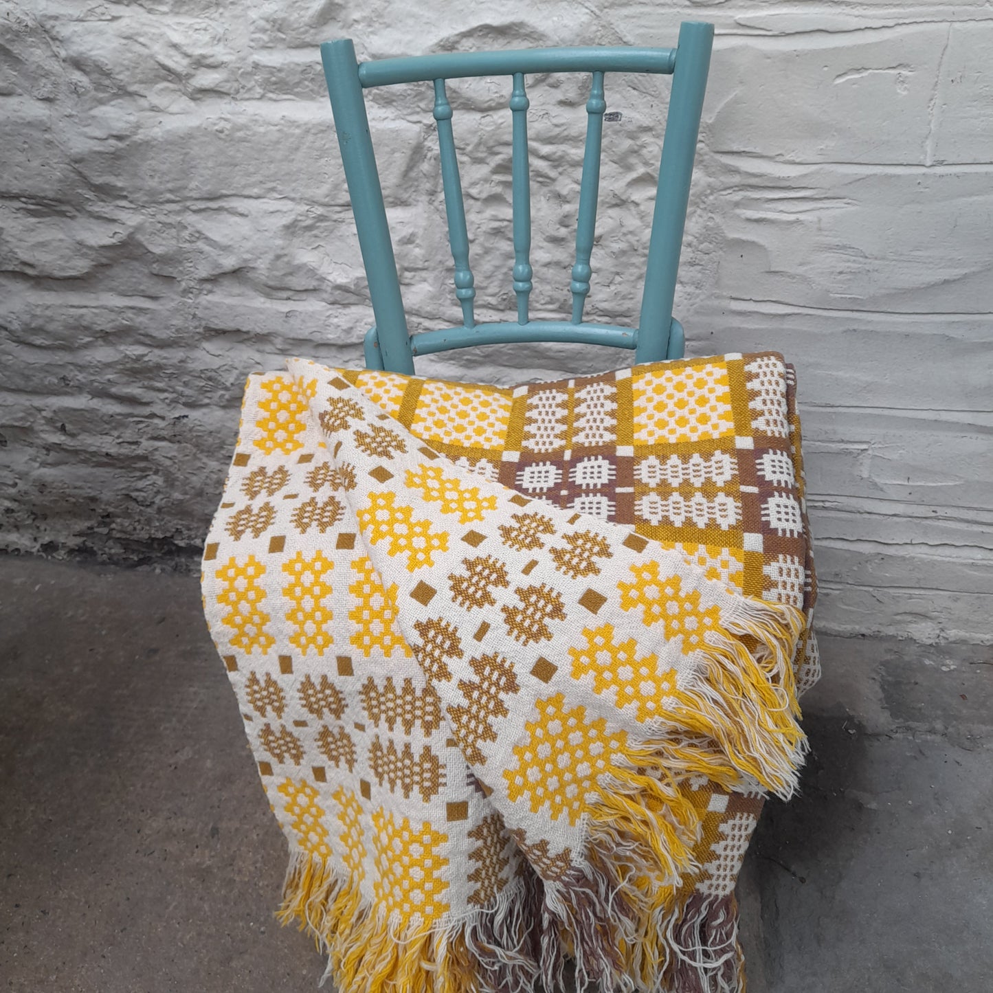 Vintage Welsh Tapestry Blanket in Daffodil Yellow, Brown on Cream King Size