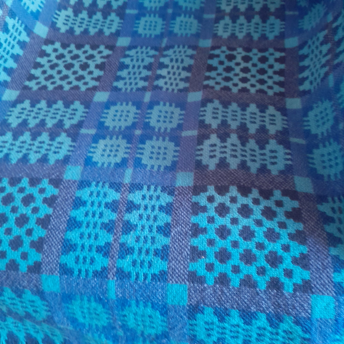 Vintage Welsh Tapestry Blanket in Vibrant Blues & A Pop of Purple