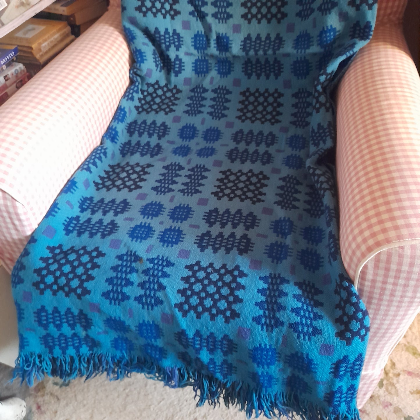 Vintage Welsh Tapestry Blanket in Vibrant Blues & A Pop of Purple