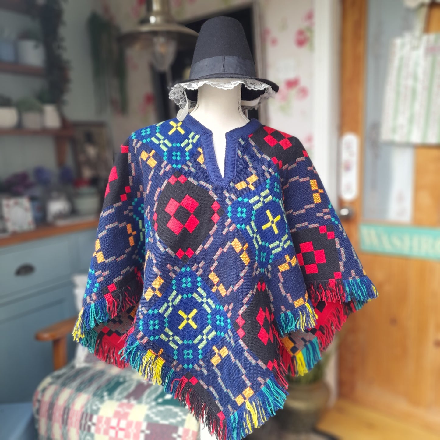 Vintage Welsh Tapestry Poncho by Trefriw Woollen Mill Navy Multicolour Reversible