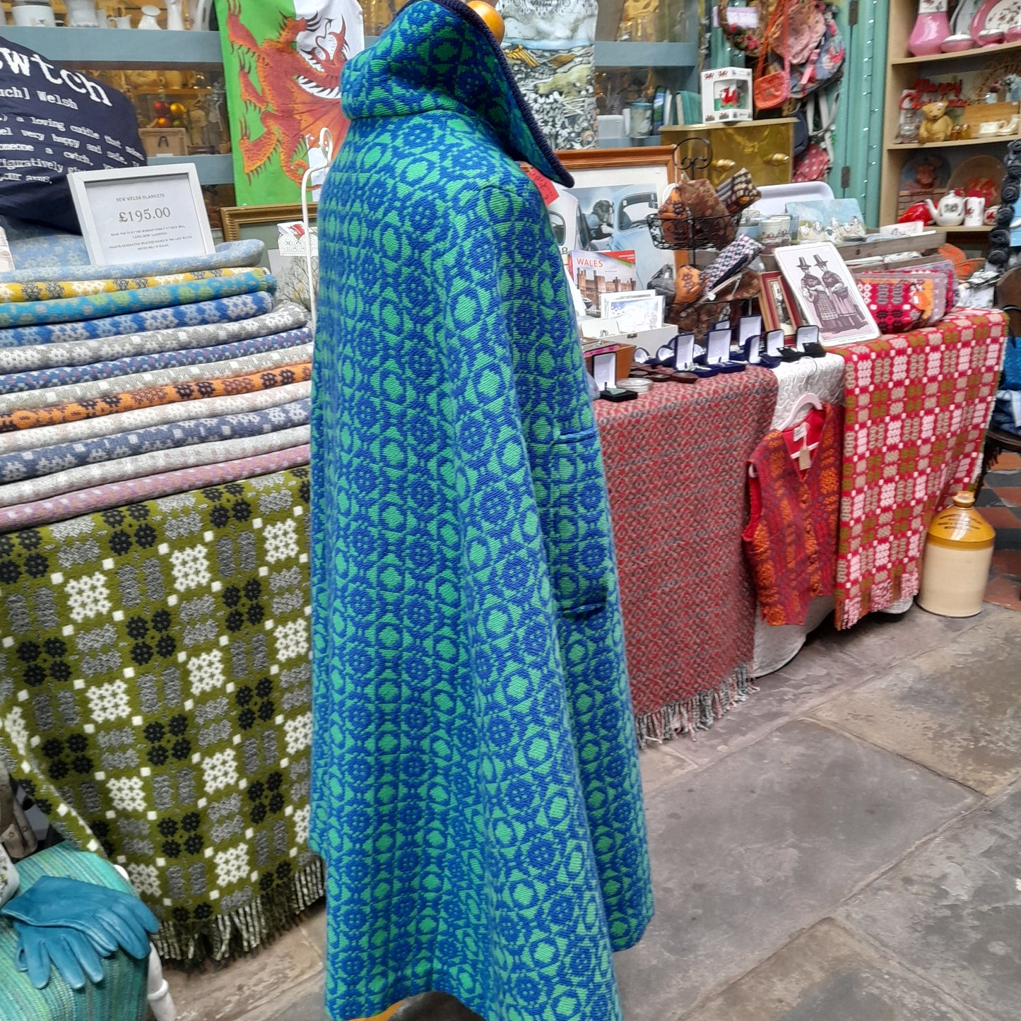 Vintage Welsh Tapestry Cape in Blue & Green Full Length