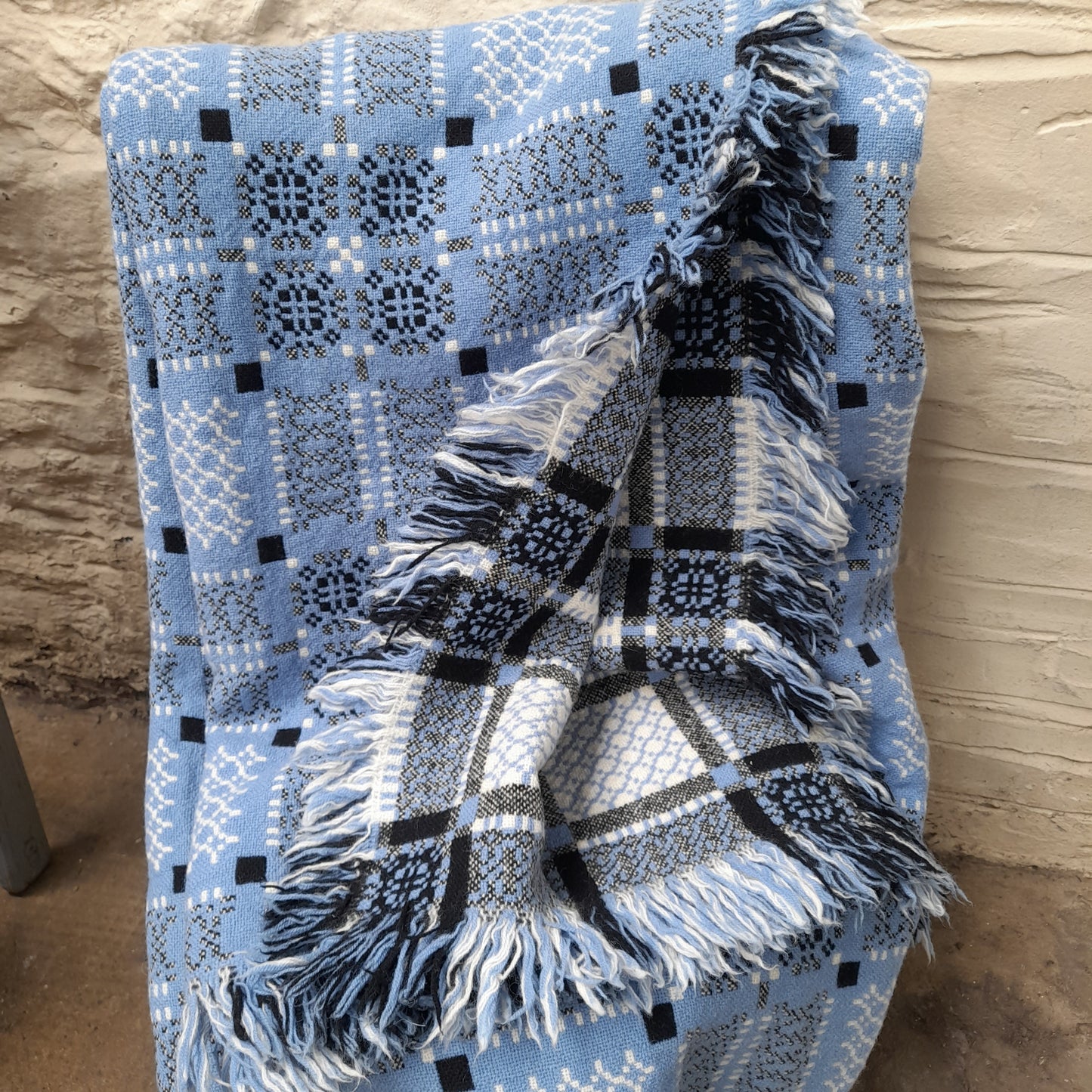 Vintage Welsh Tapestry Blanket in Blue, Black & White Knot Garden Design by Melin Tregwynt