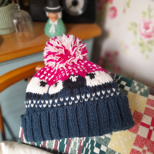 Hand Knit Woollen Sheep Bobble Hat in Pink Navy White & One Black Sheep