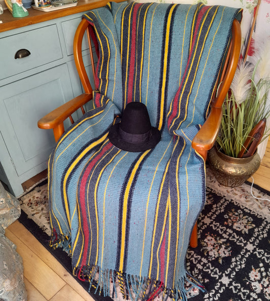 Welsh Blanket in Teal With Red Black & Yellow in Narrow Loom Stripe