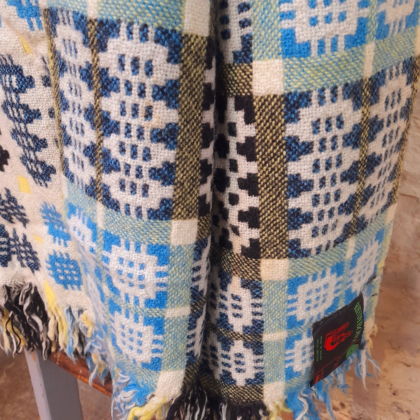 Vintage Welsh Tapestry Blanket in Cream, Sky Blue, Black & A Pop of Daffodil Yellow by Rhydybont Mill King Size