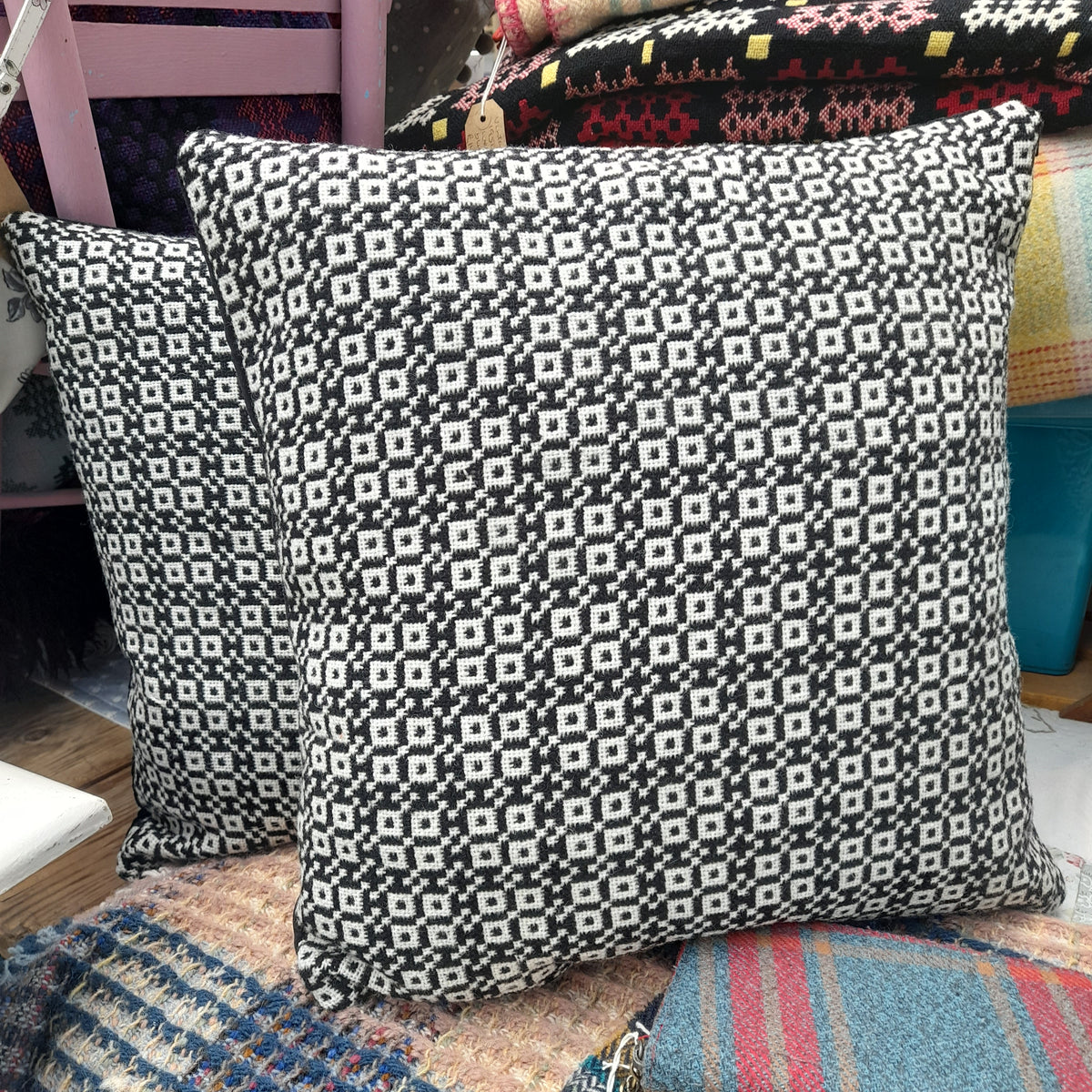 PAIR of Welsh Tapestry Cushions in Monochrome Black & White 18"