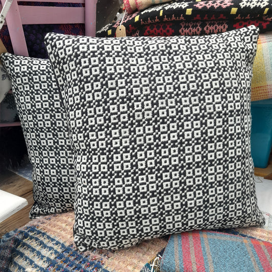PAIR of Welsh Tapestry Cushions in Monochrome Black & White 18"