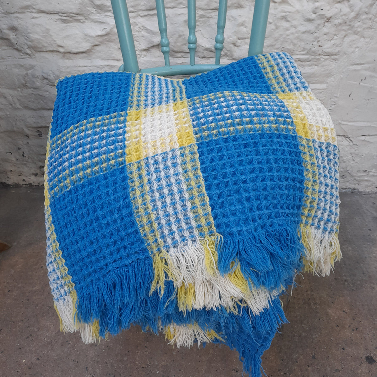 Vintage Welsh Wool Honeycomb/Waffle Blanket in Bright Blue, Yellow & White Check by Derw Mill King Size