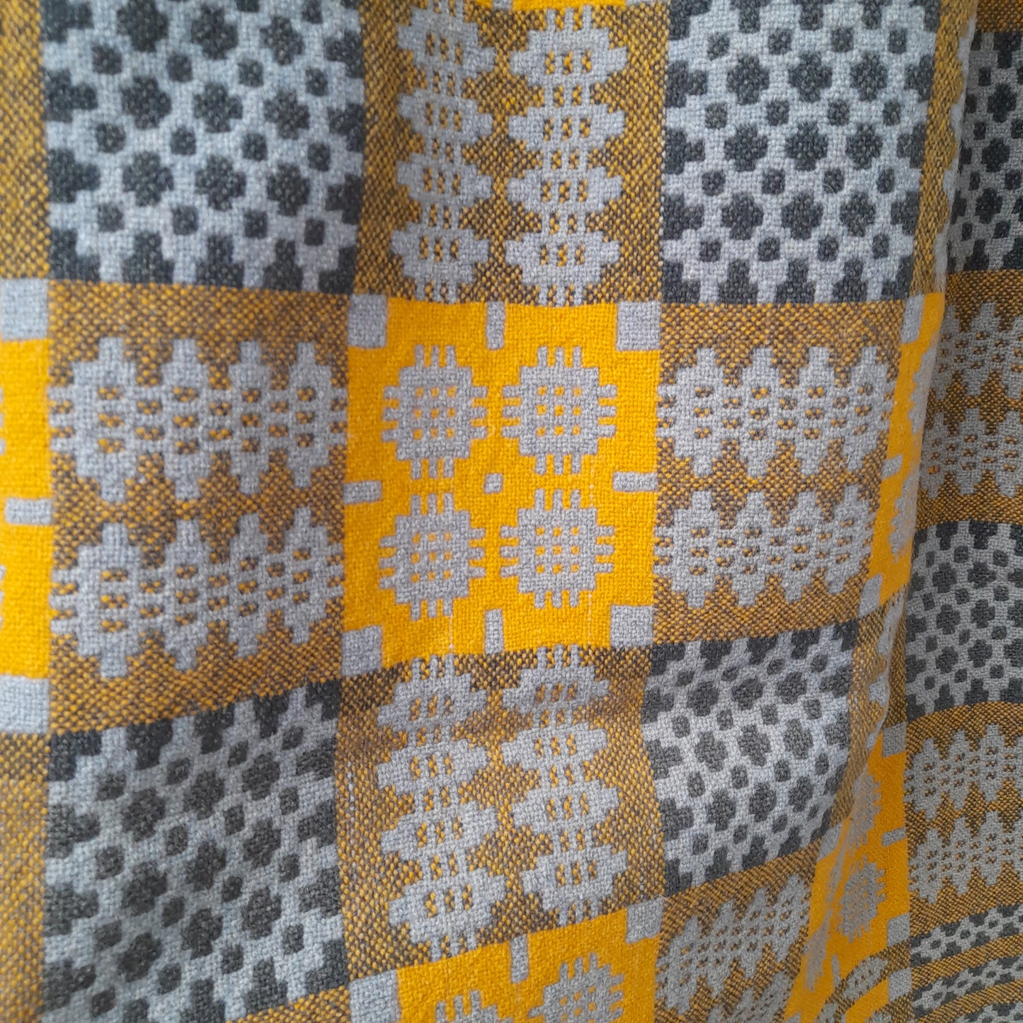 Antique Handmade Welsh Wool Tapestry Blanket in Sage Green & Orange