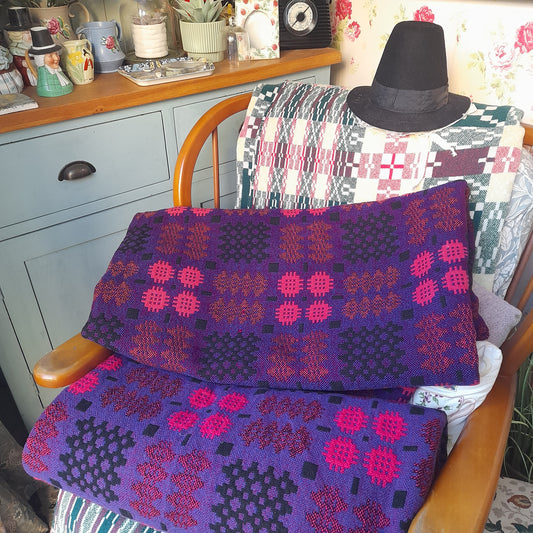 Pair of Welsh Tapestry Blankets in Purple Pink & Black