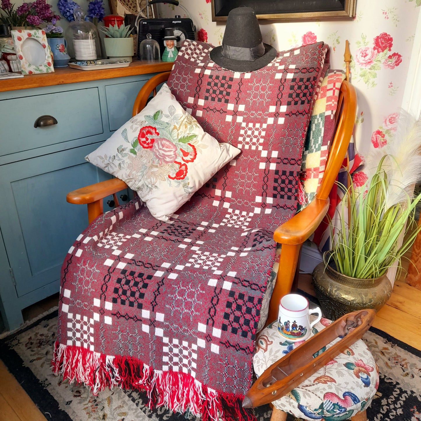 Vintage Welsh Tapestry Blanket in Red Green Black & White by Elvet Woollen Mill