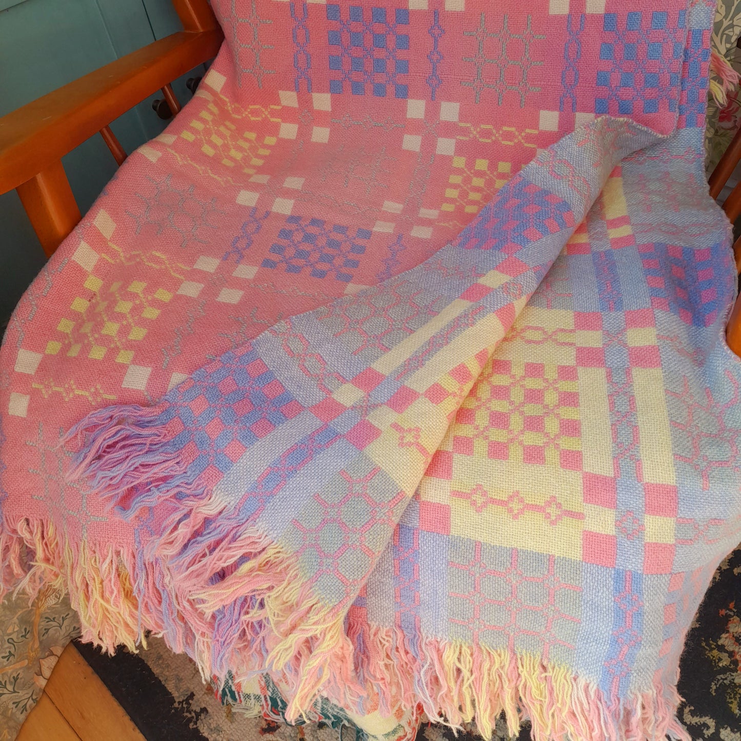 Vintage Welsh Tapestry Blanket in Baby Pink, Pale Blue, White & Lemon Pastels by Elfed Woollen Mill