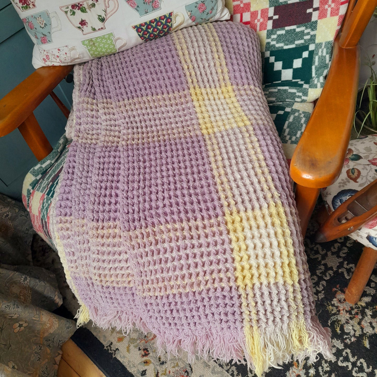 Vintage Welsh Wool Waffle Honeycomb Blanket in Lilac & Lemon Check