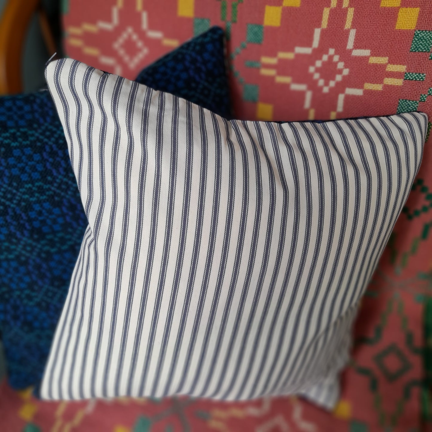 PAIR Handmade Cushions Made From Vintage Welsh Tapestry Fabric in Navy Blue, Green & Black 18"