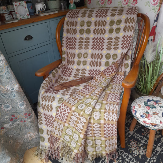 Vintage Welsh Tapestry Blanket in Taupe Green Cream With Pop of Yellow Super King Size
