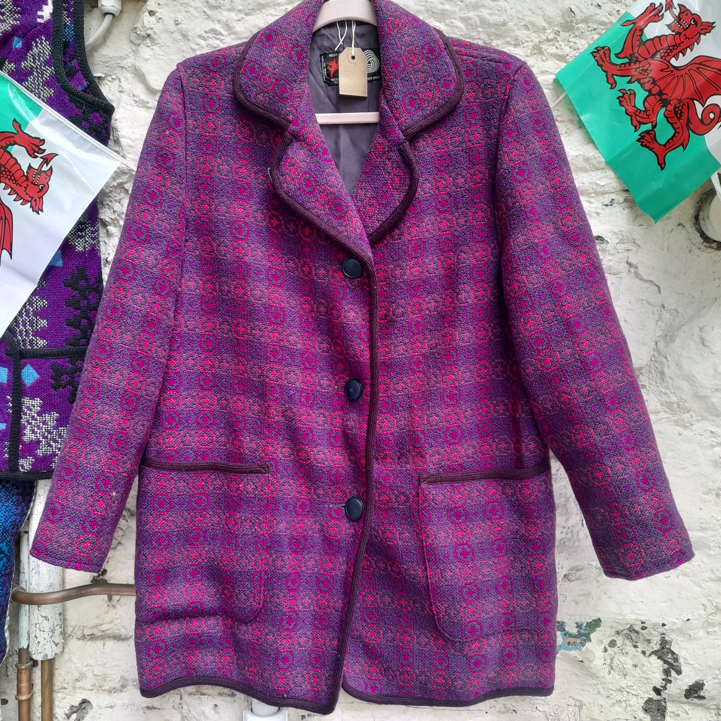 Vintage Welsh Tapestry Pea Coat in Purple & Pink Size 16/18