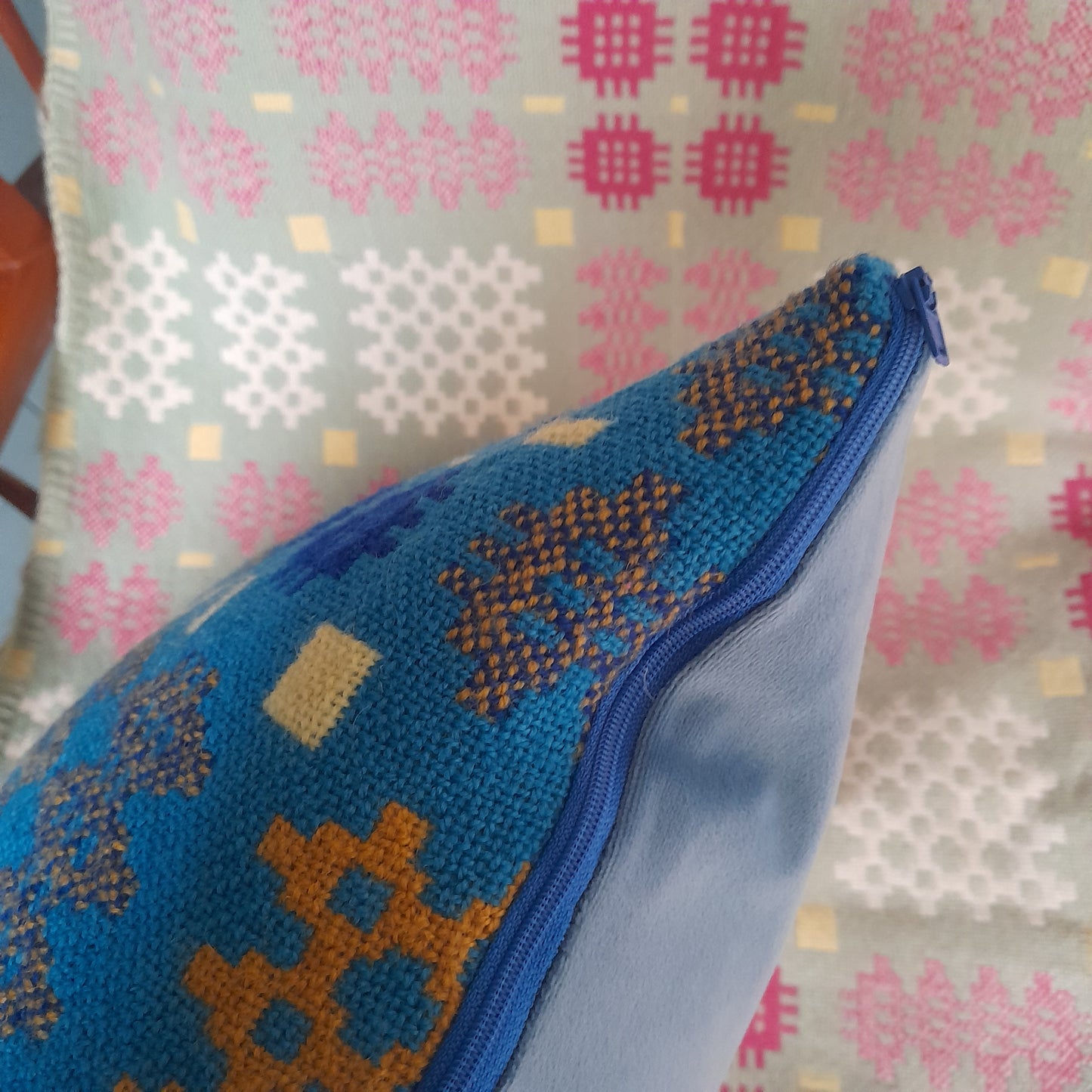 Handmade Welsh Blanket Cushion in Blue & Mustard Yellow 18"