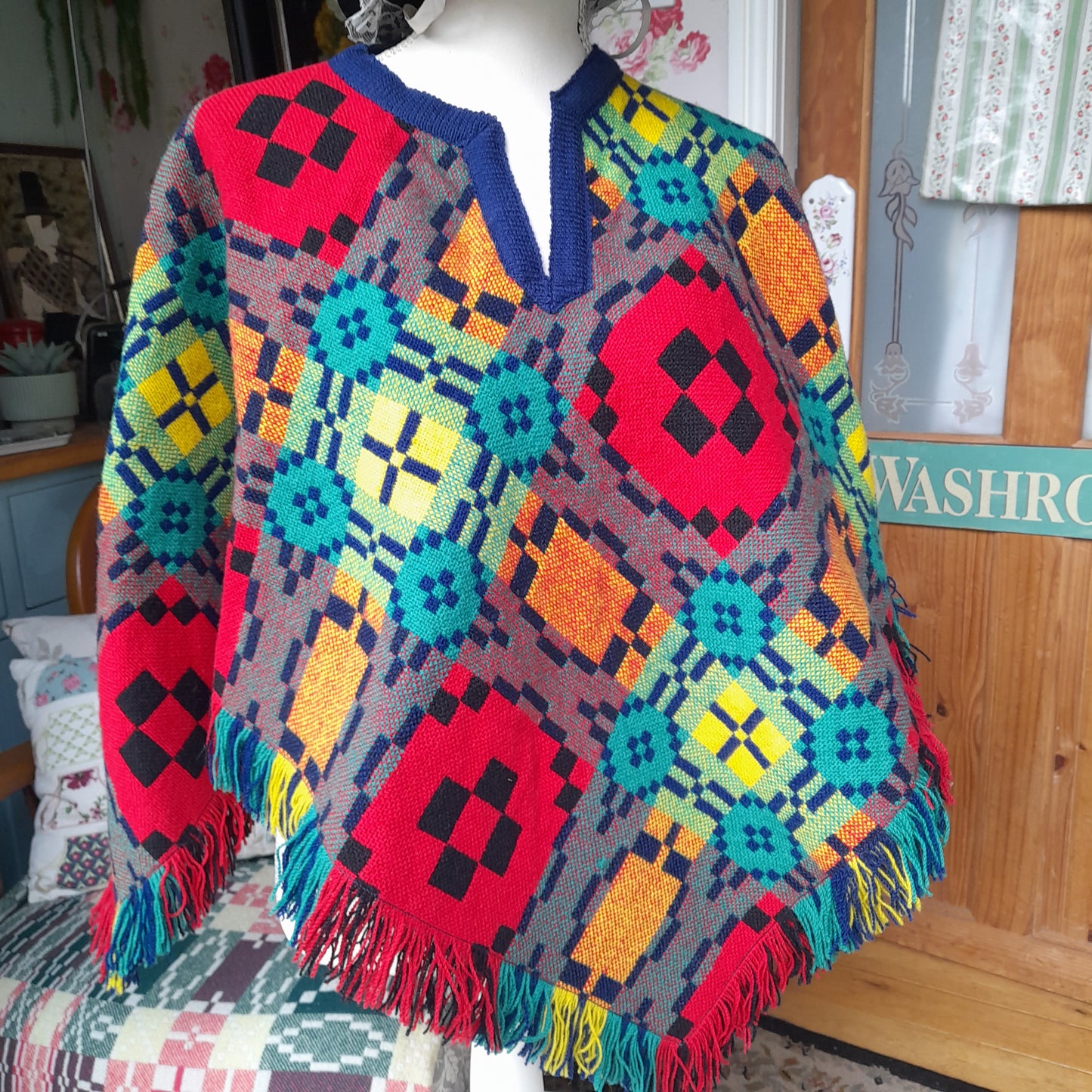 Vintage Welsh Tapestry Poncho by Trefriw Woollen Mill Navy Multicolour Reversible