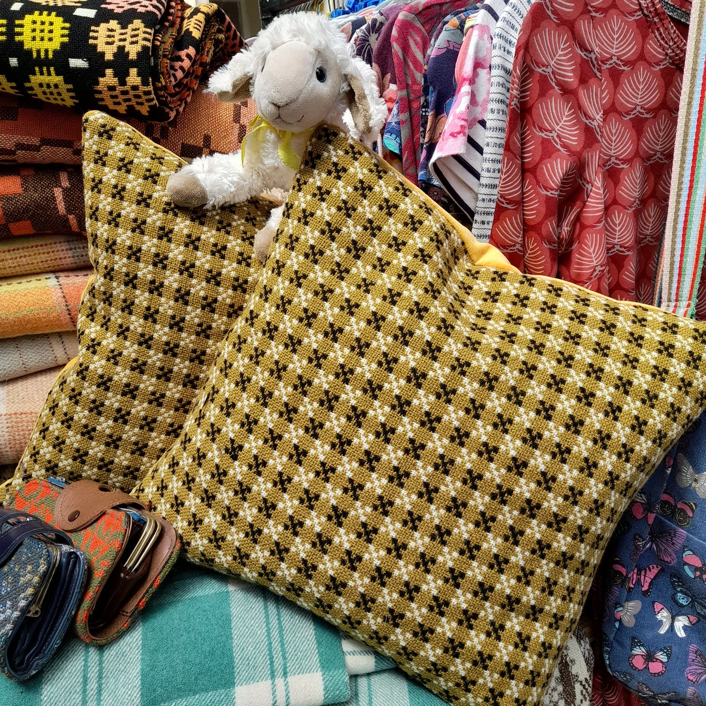 PAIR Handmade Cushions Made From Vintage Welsh Tapestry Fabric in Mustard, Black & Cream 18"