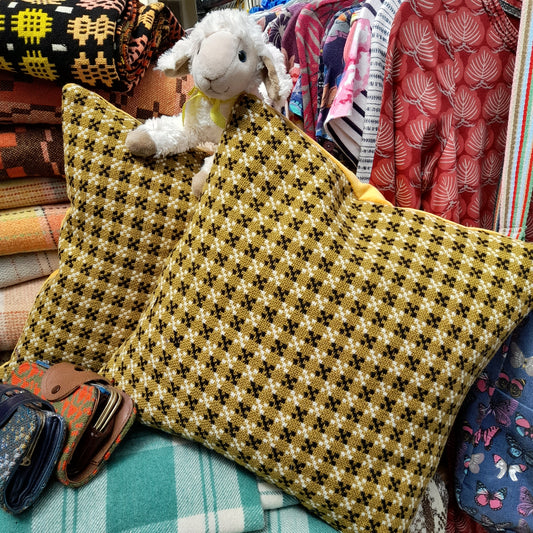 PAIR Handmade Cushions Made From Vintage Welsh Tapestry Fabric in Mustard, Black & Cream 18"