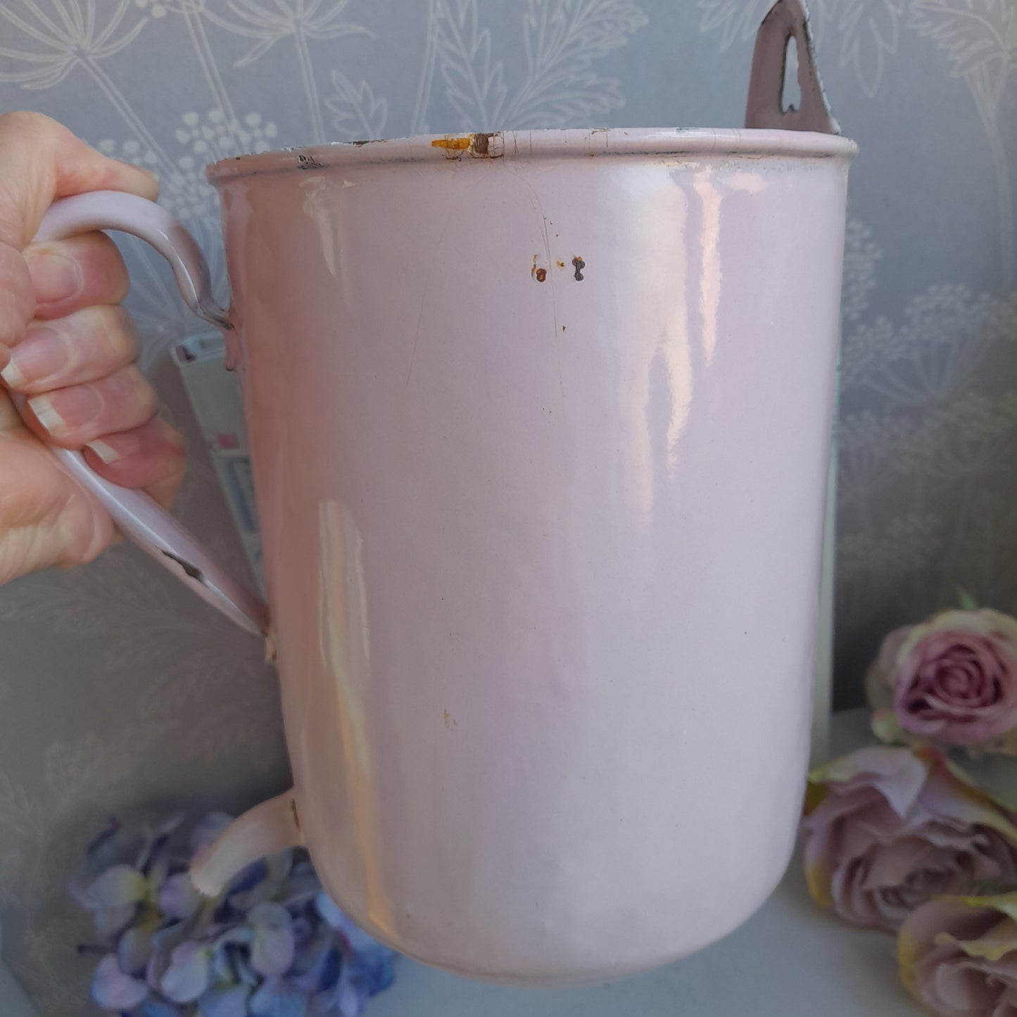Antique Pale Pink Rustic French Enamel Water Dispenser, Brocante Style Display Will Wall Hang
