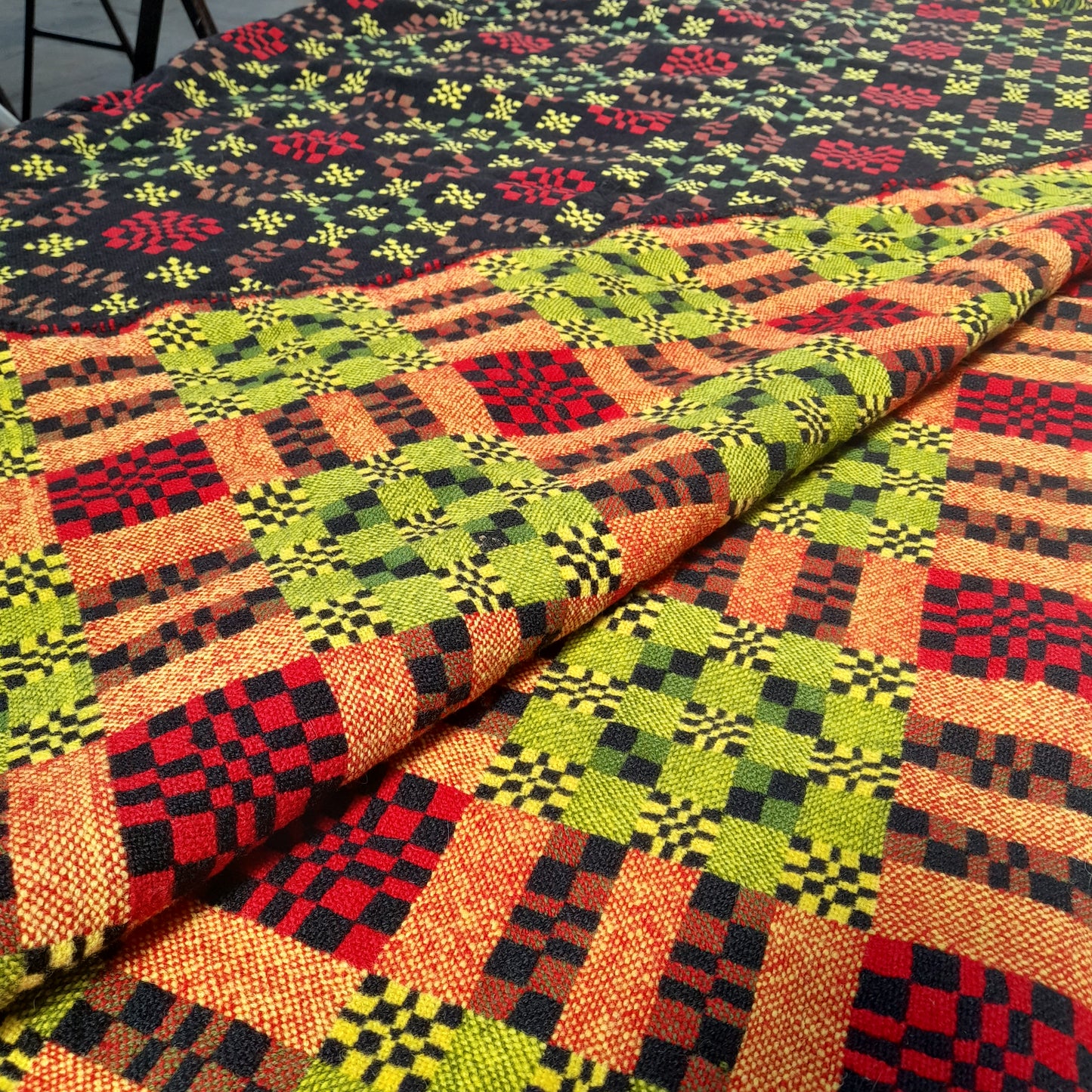 RARE Vintage Welsh Tapestry Blanket in Black, Red, Yellowy Green by Ben Jones at Alltcavan Mill King Size