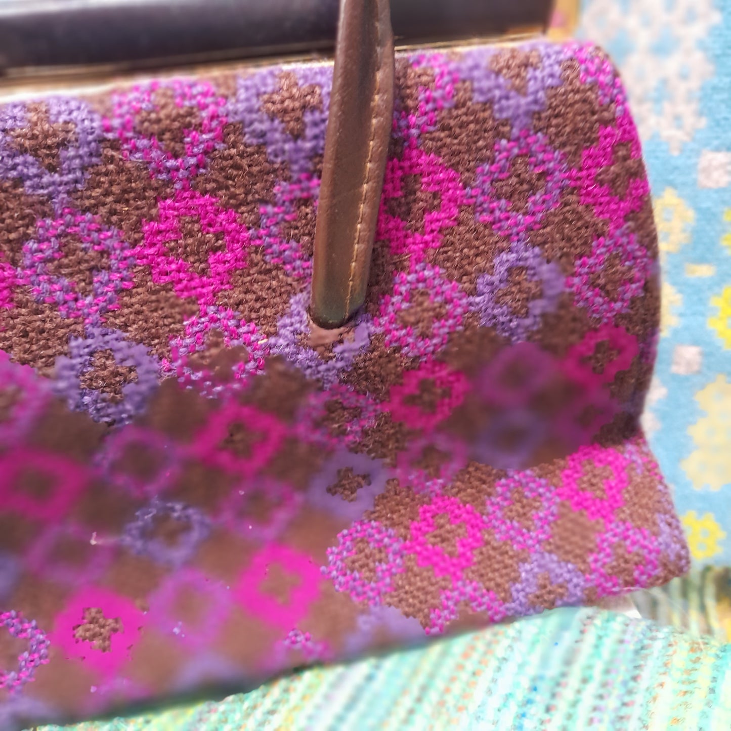 Vintage Welsh Tapestry Handbag in Cerise Pink & Purple Chevrons