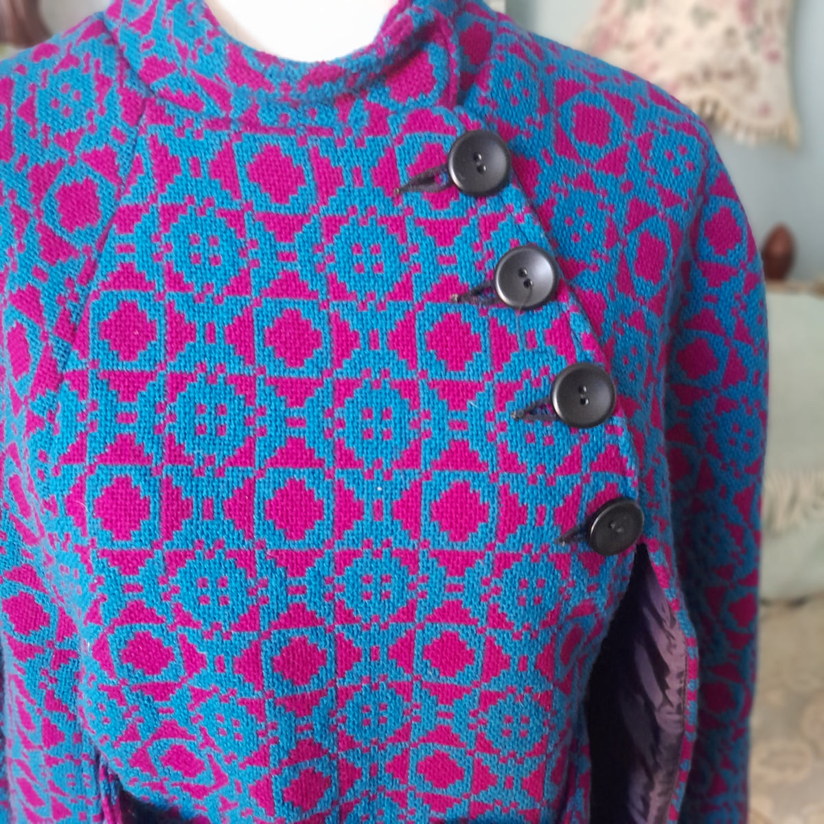 Vintage Welsh Tapestry Cape/Poncho in Dark Cerise Pink & Bright Blue Size 12/14