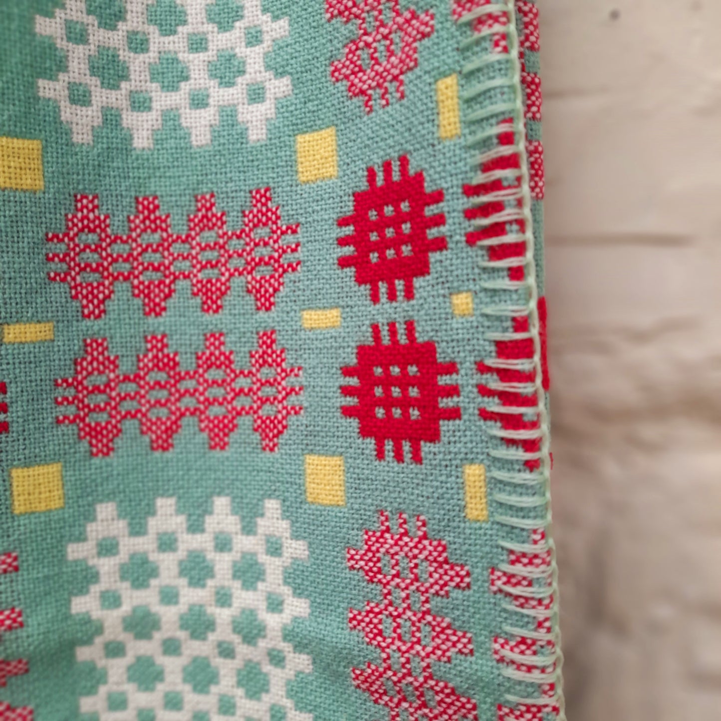 Vintage Welsh Tapestry Blanket in Green, Raspberry Red, Lemon Yellow & White King Size