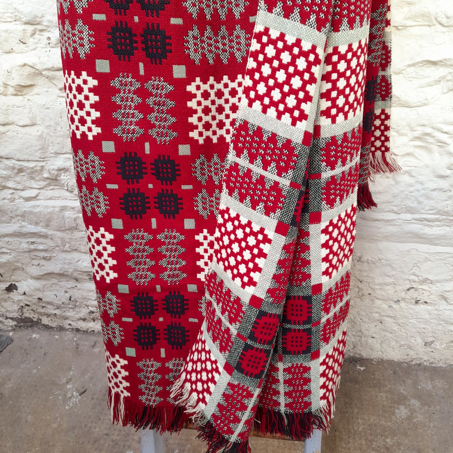 Vintage Welsh Tapestry Blanket in Deep Burgundy Wine Red, Sage Green, Black & Off White Huge King Size