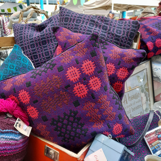 PAIR Handmade Welsh Blanket Cushions in Dark Purple, Cerise Pink & Black 18"