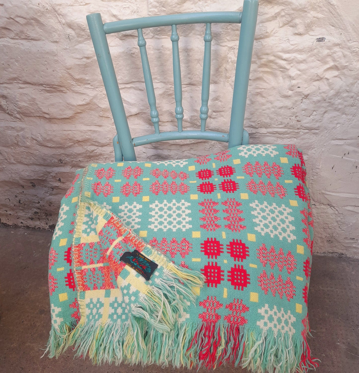 Vintage Welsh Tapestry Blanket in Green, Raspberry Red, Lemon Yellow & White King Size