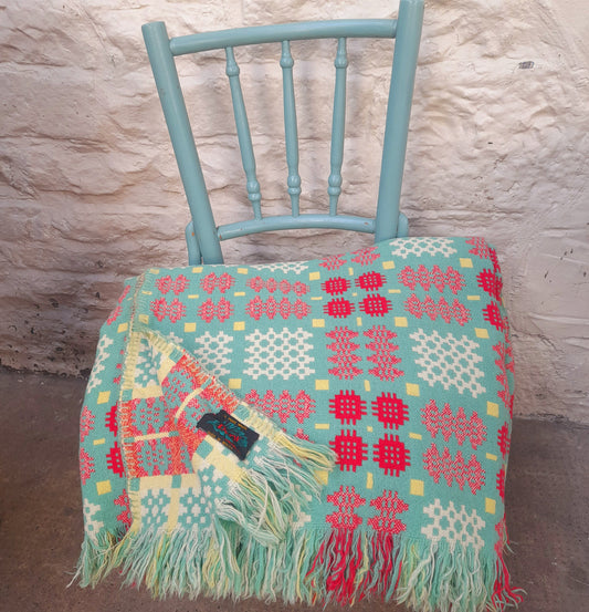 Vintage Welsh Tapestry Blanket in Green, Raspberry Red, Lemon Yellow & White King Size