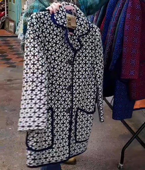 Vintage Welsh Tapestry Pea Coat in Unusual Navy & Off White