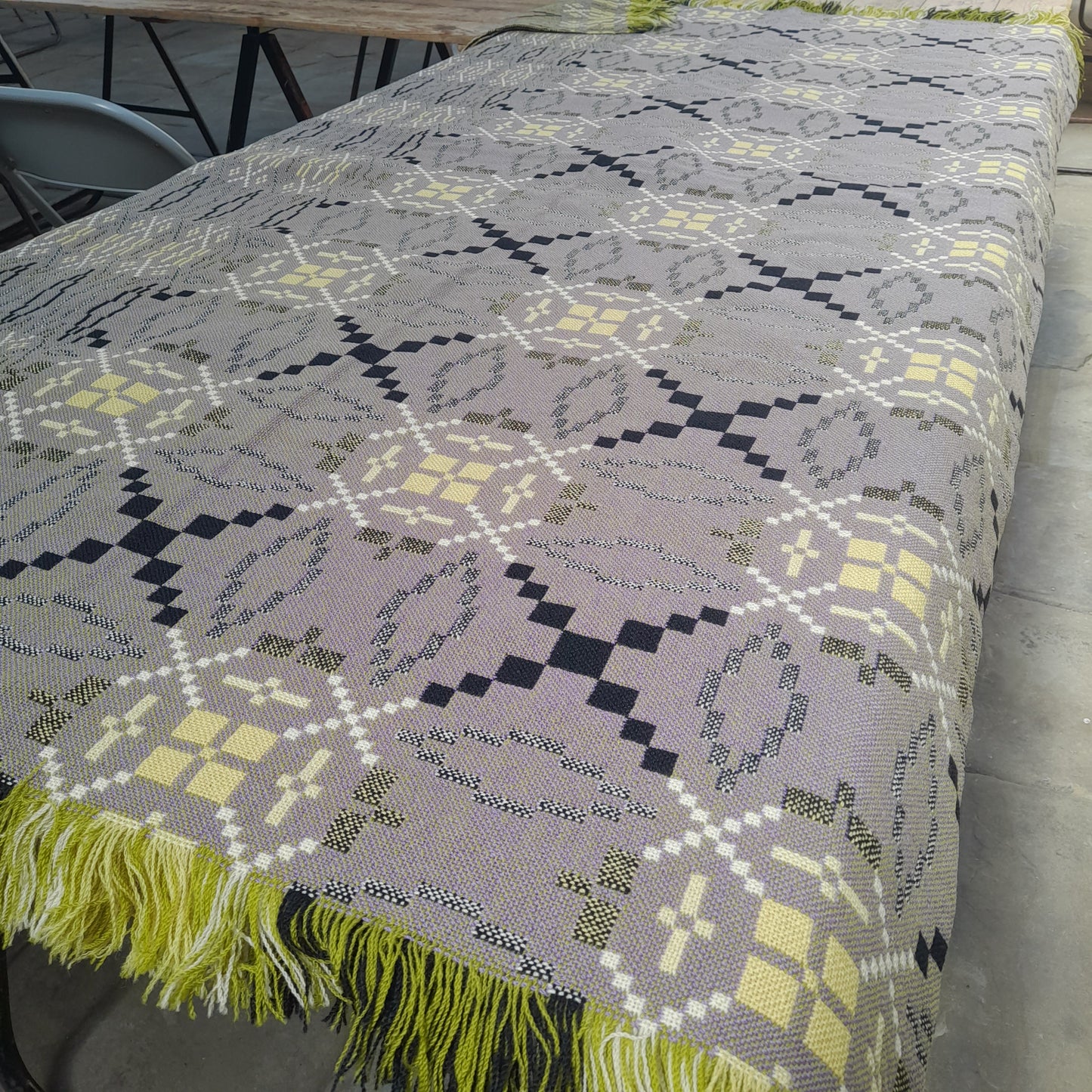 RARE Vintage Welsh Tapestry Blanket in Unusual Green, Lilac & Black Looks Grey King Size