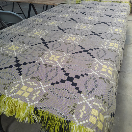 RARE Vintage Welsh Tapestry Blanket in Unusual Green, Lilac & Black Looks Grey King Size