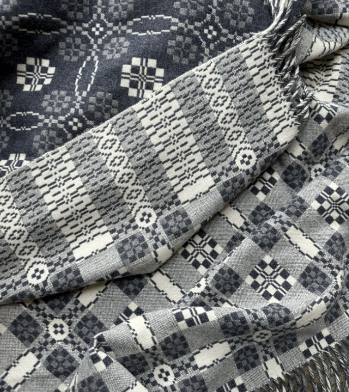 Welsh Tapestry Blanket in Charcoal Light Grey & White Penmachno Peony Design