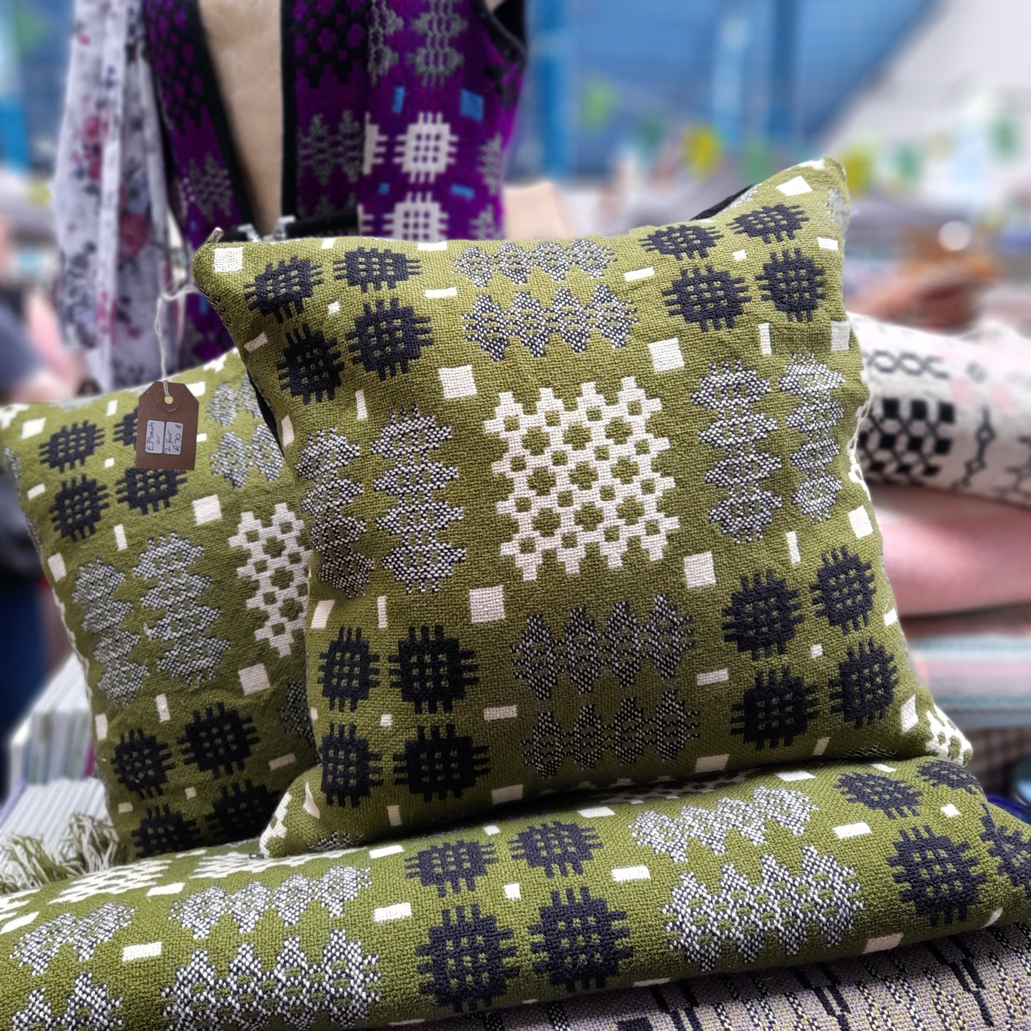 PAIR Of Handmade Welsh Blanket Cushions in Dark Green, Black & White 18"